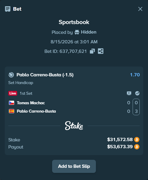 Bet slip: Tomas Machac - Pablo Carreno-Busta, $31,486.27 stake at 1.70 odds, placed by Hidden