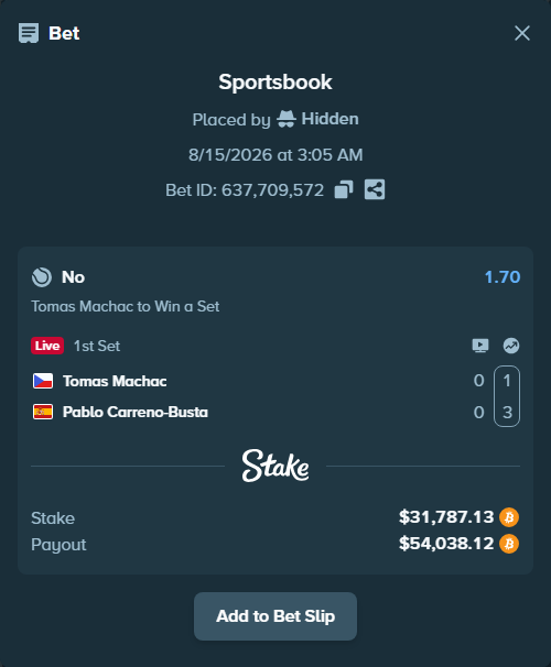 Bet slip: Tomas Machac - Pablo Carreno-Busta, $31,641.78 stake at 1.70 odds, placed by Hidden