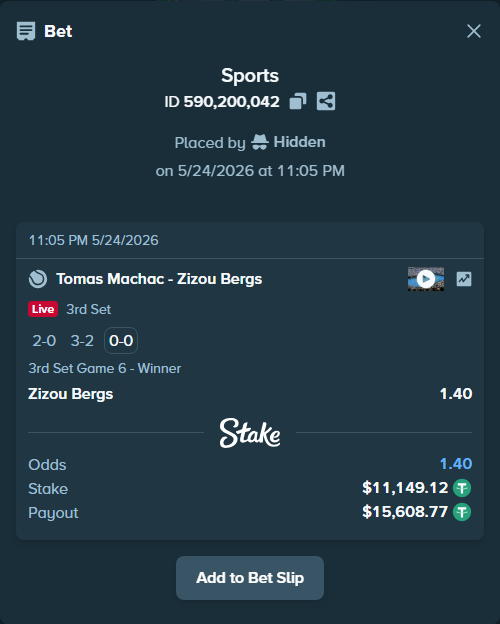 Bet slip: Tomas Machac - Zizou Bergs, $11,149.12 stake at 1.40 odds, placed by Hidden
