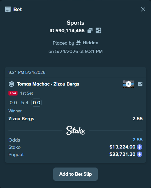 Bet slip: Tomas Machac - Zizou Bergs, $10,799.93 stake at 2.55 odds, placed by Hidden