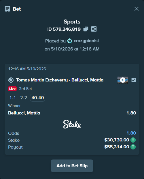 Bet slip: Tomas Martin Etcheverry - Bellucci, Mattia, $30,730.00 stake at 1.80 odds, placed by crazypianist