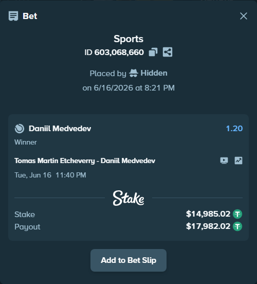 Bet slip: Tomas Martin Etcheverry - Daniil Medvedev, $15,000.00 stake at 1.20 odds, placed by Hidden