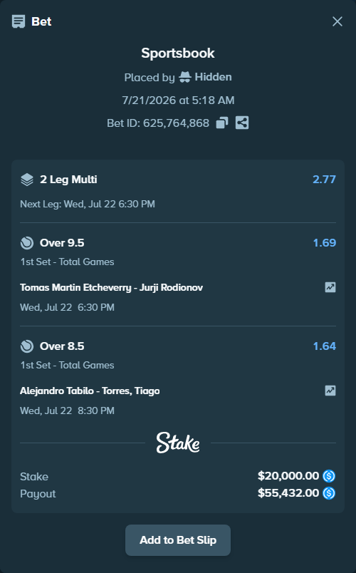 Bet slip: Tomas Martin Etcheverry - Jurji Rodionov, $20,000.00 stake at 1.69 odds, placed by Hidden
