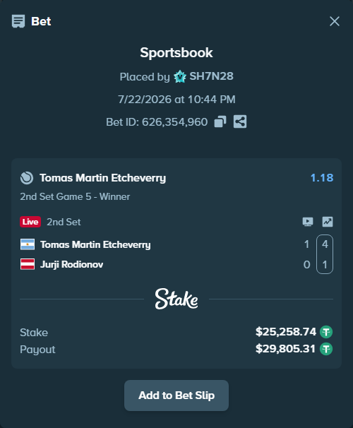 Bet slip: Tomas Martin Etcheverry - Jurji Rodionov, $25,284.00 stake at 1.18 odds, placed by SH7N28