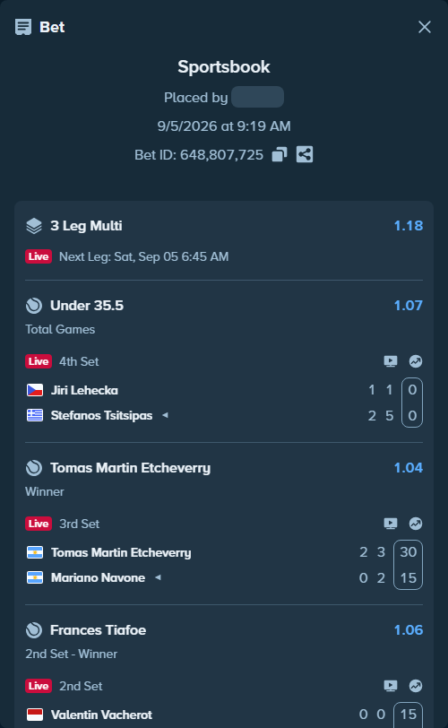 Bet slip: Tomas Martin Etcheverry - Mariano Navone, $10,000.00 stake at 1.04 odds, placed by i3btc