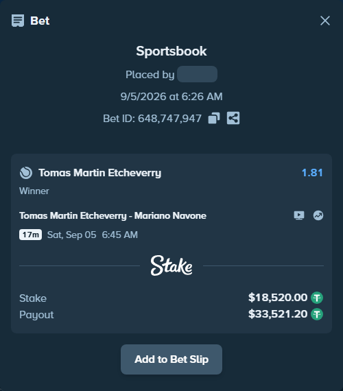 Bet slip: Tomas Martin Etcheverry - Mariano Navone, $18,516.30 stake at 1.81 odds, placed by Davidbushel1