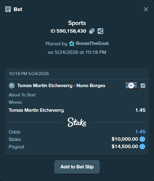 Bet slip: Tomas Martin Etcheverry - Nuno Borges, $10,000.00 stake at 1.45 odds, placed by RonexTheGoat