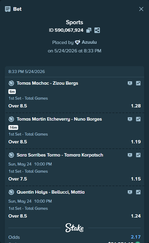 Bet slip: Tomas Martin Etcheverry - Nuno Borges, $31,351.12 stake at 1.19 odds, placed by Azuulu