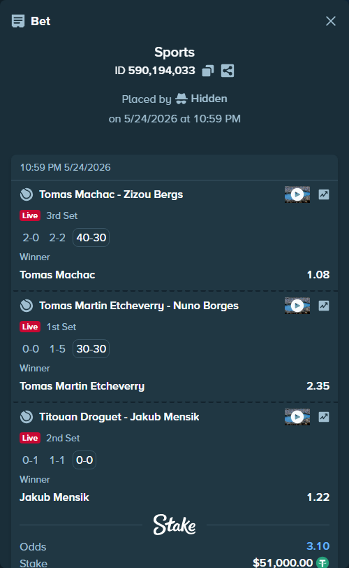 Bet slip: Tomas Martin Etcheverry - Nuno Borges, $51,000.00 stake at 2.35 odds, placed by Hidden