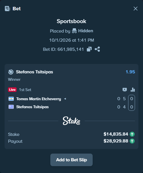 Bet slip: Tomas Martin Etcheverry - Stefanos Tsitsipas, $14,850.67 stake at 1.95 odds, placed by Palo6