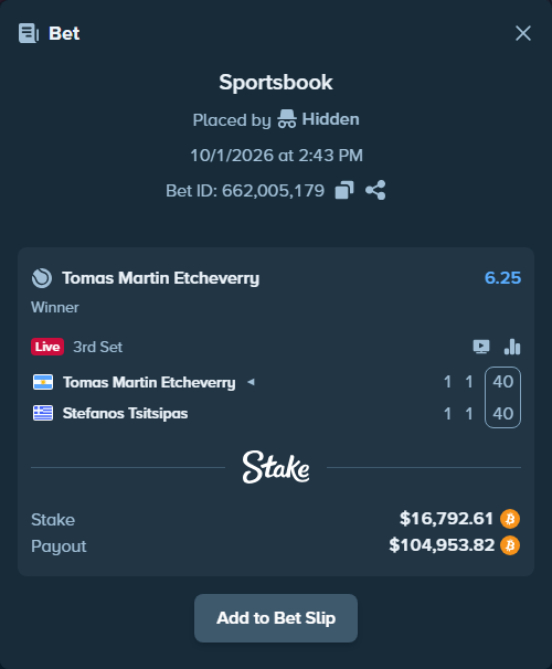 Bet slip: Tomas Martin Etcheverry - Stefanos Tsitsipas, $16,833.00 stake at 6.25 odds, placed by Atte90