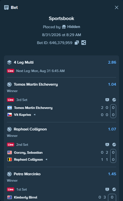 Bet slip: Tomas Martin Etcheverry - Vit Kopriva, $22,361.00 stake at 1.04 odds, placed by Hidden