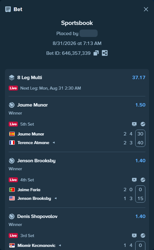 Bet slip: Tomas Martin Etcheverry - Vit Kopriva, $32,185.53 stake at 6.00 odds, placed by JanSilas