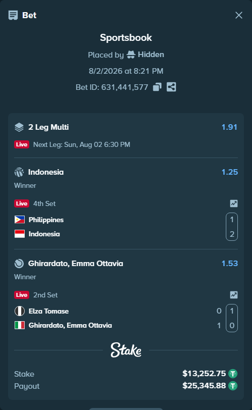 Bet slip: Tomase, E - Ghirardato, Emma Ottavia, $13,266.00 stake at 1.53 odds, placed by Hidden