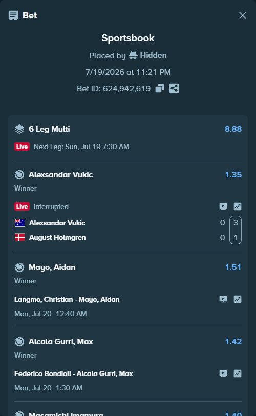 Bet slip: Tomic, Bernard - Mark Lajal, $10,000.49 stake at 1.47 odds, placed by Hidden