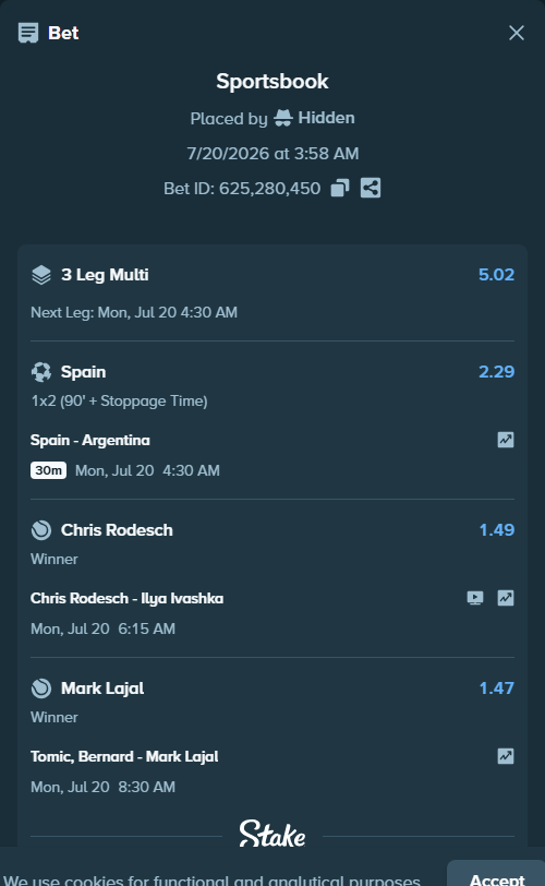Bet slip: Tomic, Bernard - Mark Lajal, $10,000.70 stake at 1.47 odds, placed by Hidden