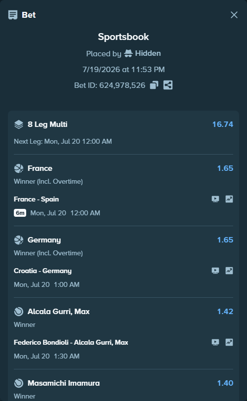 Bet slip: Tomic, Bernard - Mark Lajal, $20,000.00 stake at 1.47 odds, placed by Hidden
