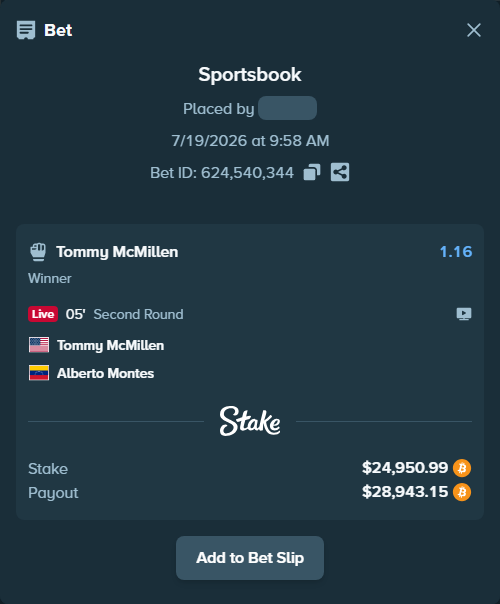 Bet slip: Tommy McMillen - Alberto Montes, $24,764.34 stake at 1.16 odds, placed by theoutlaw
