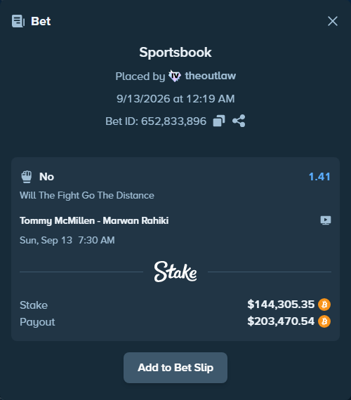 Bet slip: Tommy McMillen - Marwan Rahiki, $143,493.61 stake at 1.41 odds, placed by theoutlaw