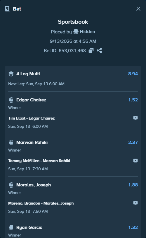 Bet slip: Tommy McMillen - Marwan Rahiki, $15,000.00 stake at 2.37 odds, placed by Hidden