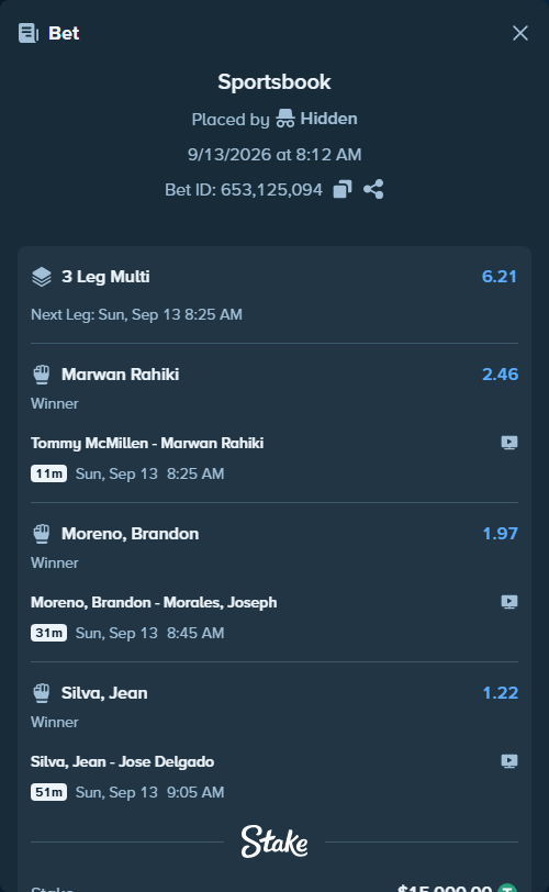 Bet slip: Tommy McMillen - Marwan Rahiki, $15,000.00 stake at 2.46 odds, placed by Hidden