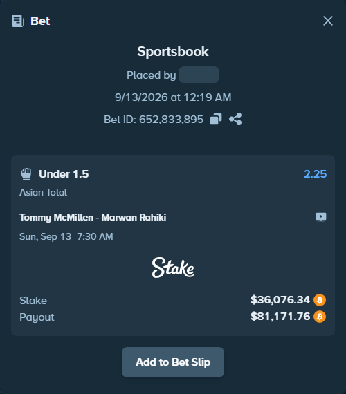 Bet slip: Tommy McMillen - Marwan Rahiki, $35,873.40 stake at 2.25 odds, placed by theoutlaw