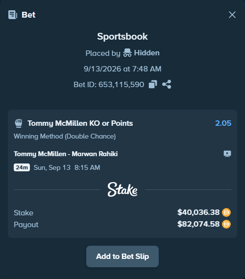 Bet slip: Tommy McMillen - Marwan Rahiki, $40,036.38 stake at 2.05 odds, placed by Hidden
