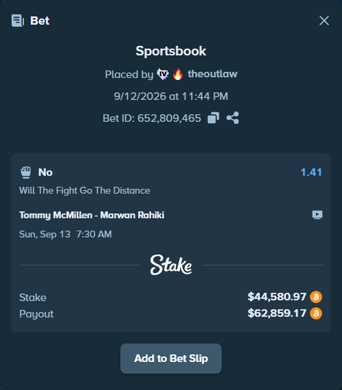 Bet slip: Tommy McMillen - Marwan Rahiki, $43,610.54 stake at 1.41 odds, placed by theoutlaw