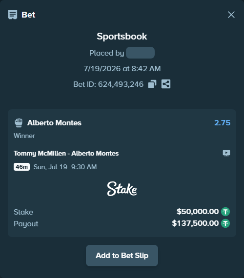 Bet slip: Tommy McMillen - Montes, Alberto, $50,050.00 stake at 2.75 odds, placed by Cabrzy