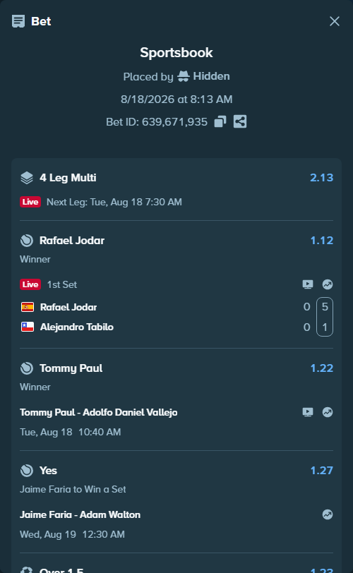 Bet slip: Tommy Paul - Adolfo Daniel Vallejo, $10,005.00 stake at 1.22 odds, placed by Hidden