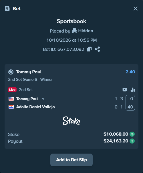 Bet slip: Tommy Paul - Adolfo Daniel Vallejo, $10,078.07 stake at 2.40 odds, placed by Hidden