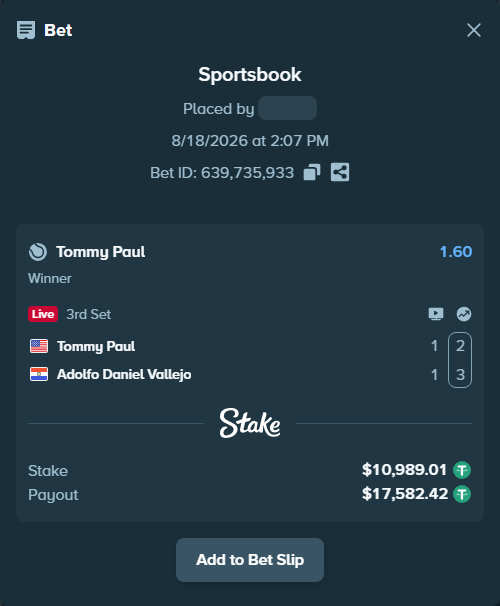 Bet slip: Tommy Paul - Adolfo Daniel Vallejo, $11,000.00 stake at 1.60 odds, placed by Regenergy