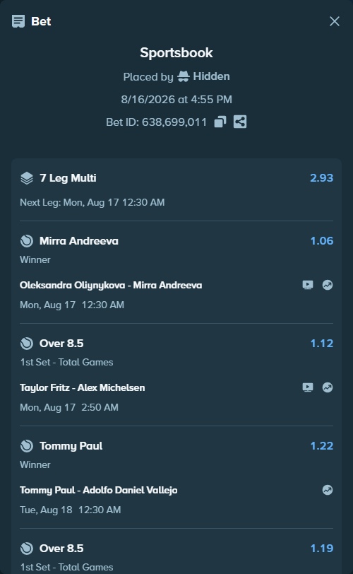 Bet slip: Tommy Paul - Adolfo Daniel Vallejo, $122,485.98 stake at 1.22 odds, placed by Hidden