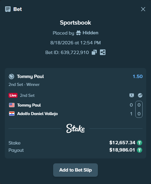 Bet slip: Tommy Paul - Adolfo Daniel Vallejo, $12,670.00 stake at 1.50 odds, placed by Regenergy