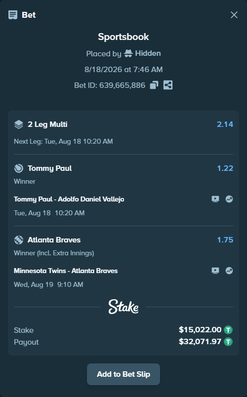 Bet slip: Tommy Paul - Adolfo Daniel Vallejo, $15,037.02 stake at 1.22 odds, placed by Hidden
