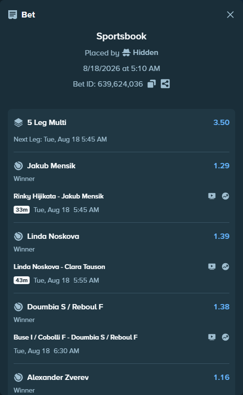 Bet slip: Tommy Paul - Adolfo Daniel Vallejo, $16,814.88 stake at 1.22 odds, placed by Hidden