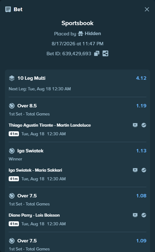 Bet slip: Tommy Paul - Adolfo Daniel Vallejo, $75,075.00 stake at 1.21 odds, placed by Hidden