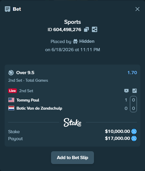 Bet slip: Tommy Paul - Botic Van de Zandschulp, $10,000.00 stake at 1.70 odds, placed by Hidden
