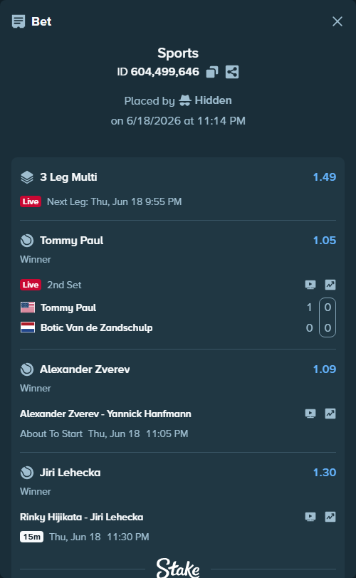 Bet slip: Tommy Paul - Botic Van de Zandschulp, $20,400.00 stake at 1.05 odds, placed by Hidden