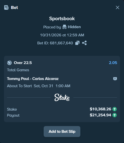 Bet slip: Tommy Paul - Carlos Alcaraz, $10,389.00 stake at 2.05 odds, placed by Reyes32
