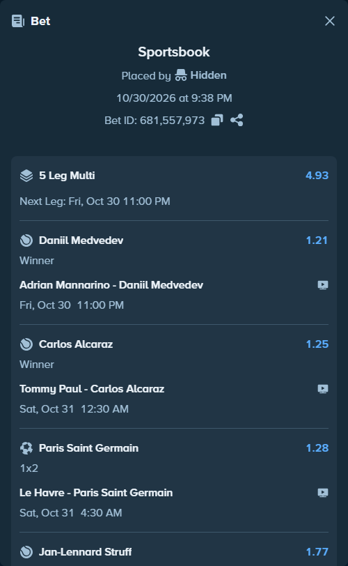 Bet slip: Tommy Paul - Carlos Alcaraz, $11,655.75 stake at 1.25 odds, placed by Hidden
