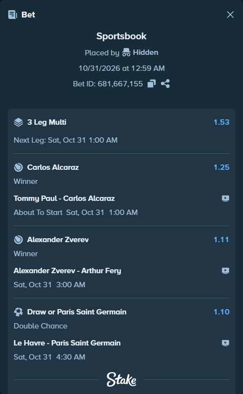 Bet slip: Tommy Paul - Carlos Alcaraz, $14,929.80 stake at 1.25 odds, placed by Erst12