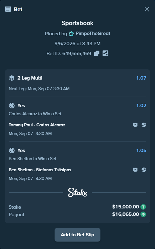 Bet slip: Tommy Paul - Carlos Alcaraz, $14,998.50 stake at 1.02 odds, placed by PimpoTheGreat