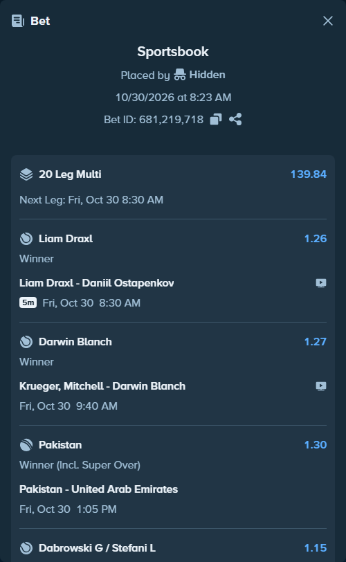 Bet slip: Tommy Paul - Carlos Alcaraz, $15,000.00 stake at 1.23 odds, placed by Hidden