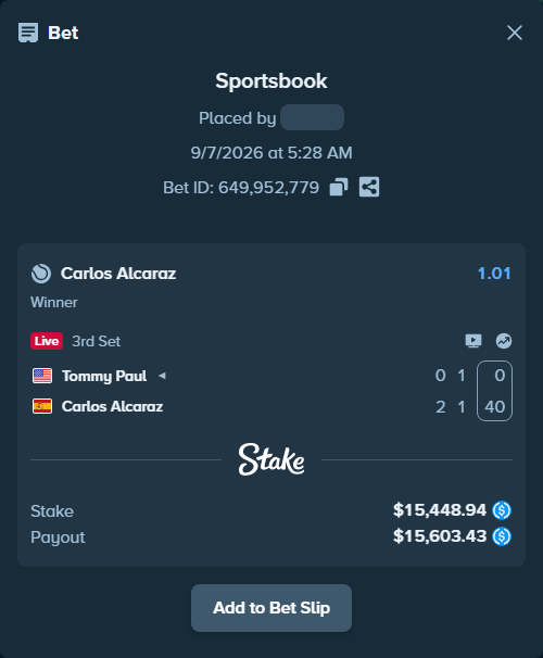 Bet slip: Tommy Paul - Carlos Alcaraz, $15,448.94 stake at 1.01 odds, placed by Arbe7