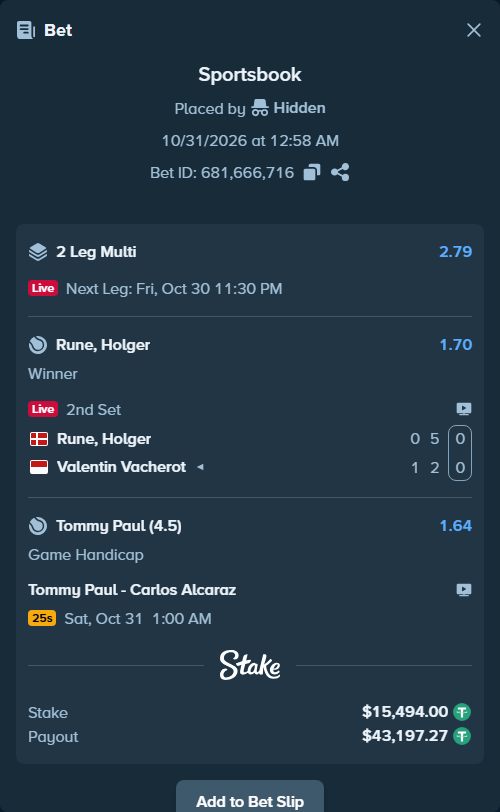 Bet slip: Tommy Paul - Carlos Alcaraz, $15,524.99 stake at 1.64 odds, placed by Hidden