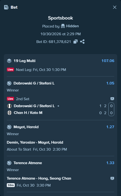 Bet slip: Tommy Paul - Carlos Alcaraz, $20,000.00 stake at 1.27 odds, placed by Hidden