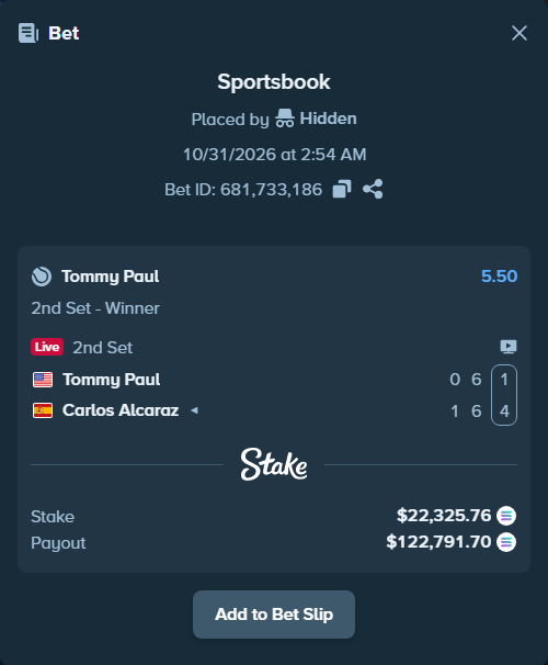 Bet slip: Tommy Paul - Carlos Alcaraz, $22,234.84 stake at 5.50 odds, placed by Prettylfacko98
