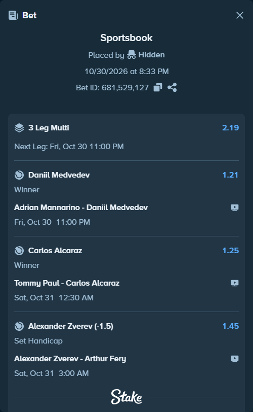 Bet slip: Tommy Paul - Carlos Alcaraz, $25,000.00 stake at 1.25 odds, placed by Hidden
