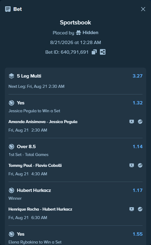 Bet slip: Tommy Paul - Flavio Cobolli, $10,000.00 stake at 1.14 odds, placed by Hidden
